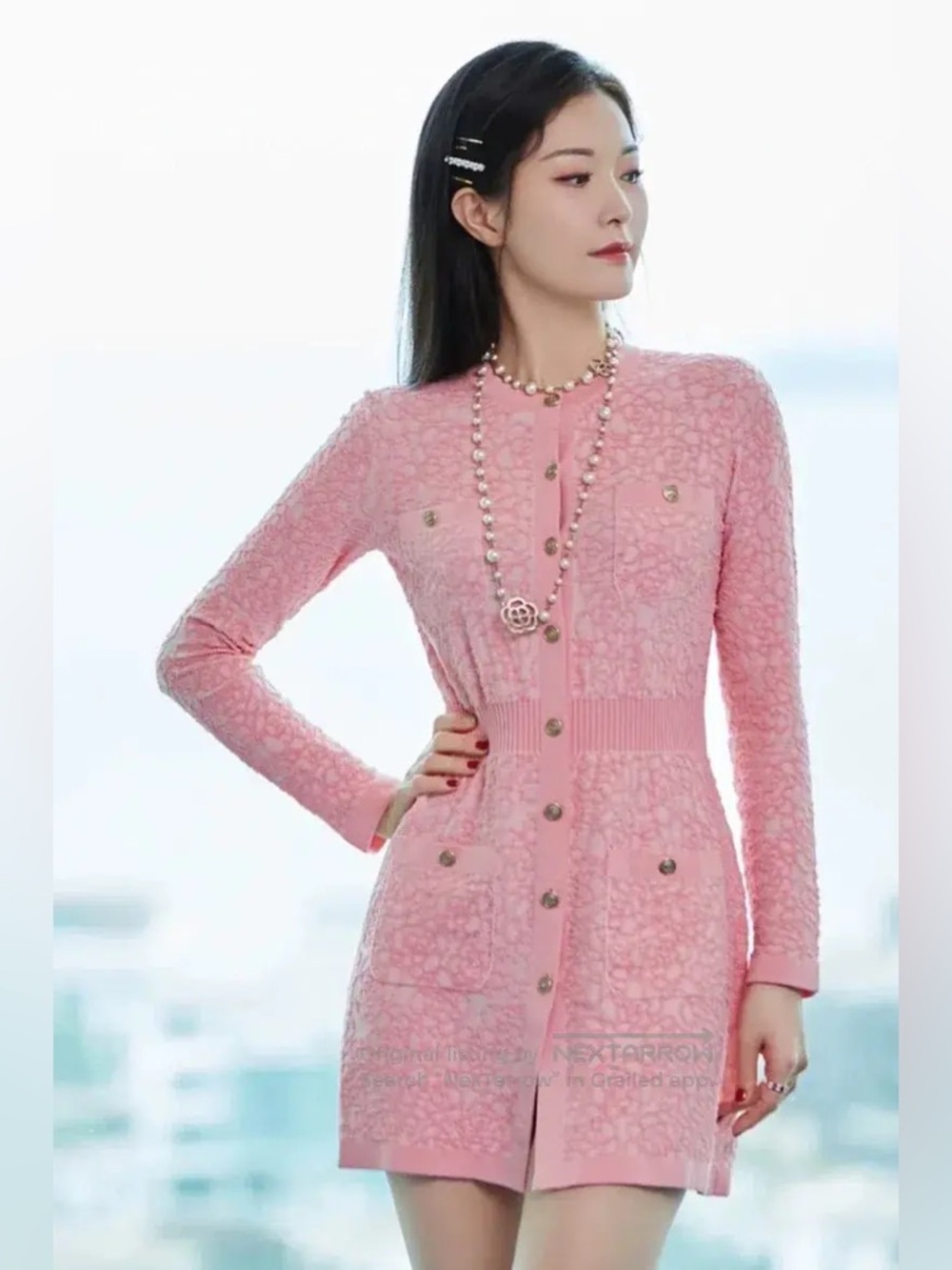 CHANEL Pink Lace-Textured Button-Front Knit Dress Cardigan